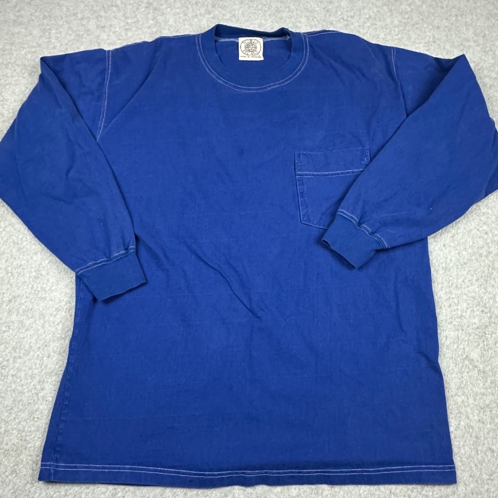World Island Mens Long‎ Sleeve Pocket T-Shirt Blue Contrast Stitch Large